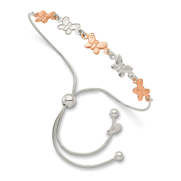 Two-Tone Rhodium and Rose Gold Plated Silver Alternating Butterfly Link Adjustable Slider Bolo Bracelet by Fine Color Jewels