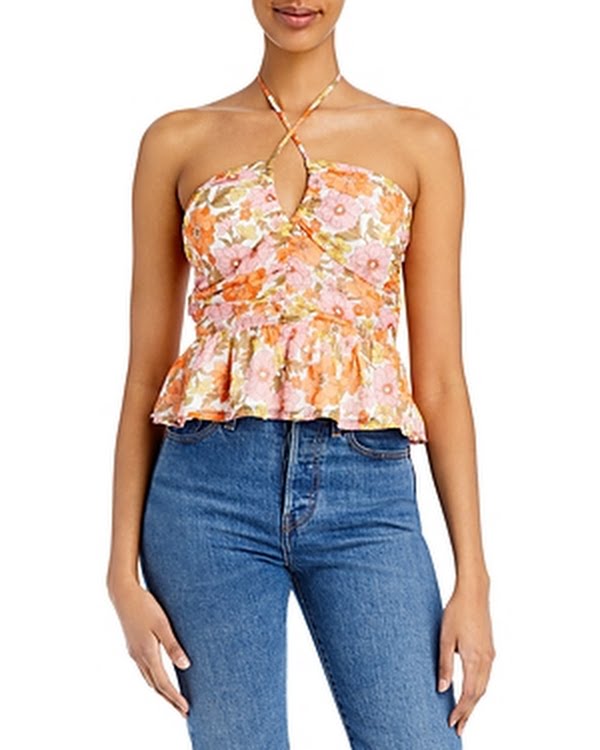 Aqua Retro Floral Halter Top, Size Medium by Vanessa Jane