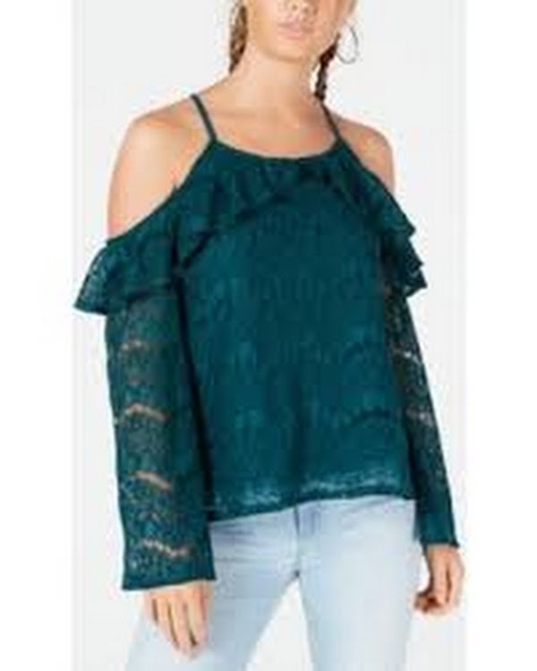 Ultra Flirt by Ikeddi Juniors Lace Cold-Shoulder Top, Lake, Size XL by Vanessa Jane