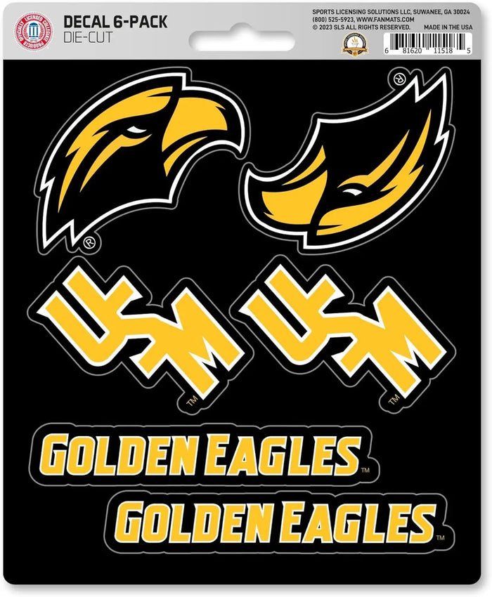University of Southern Mississippi Golden Eagles 6-Piece Decal Sticker Set, 5x6 Inch Sheet, Gift for football fans for any hard surfaces around home, automotive, personal items by Fielders Choice