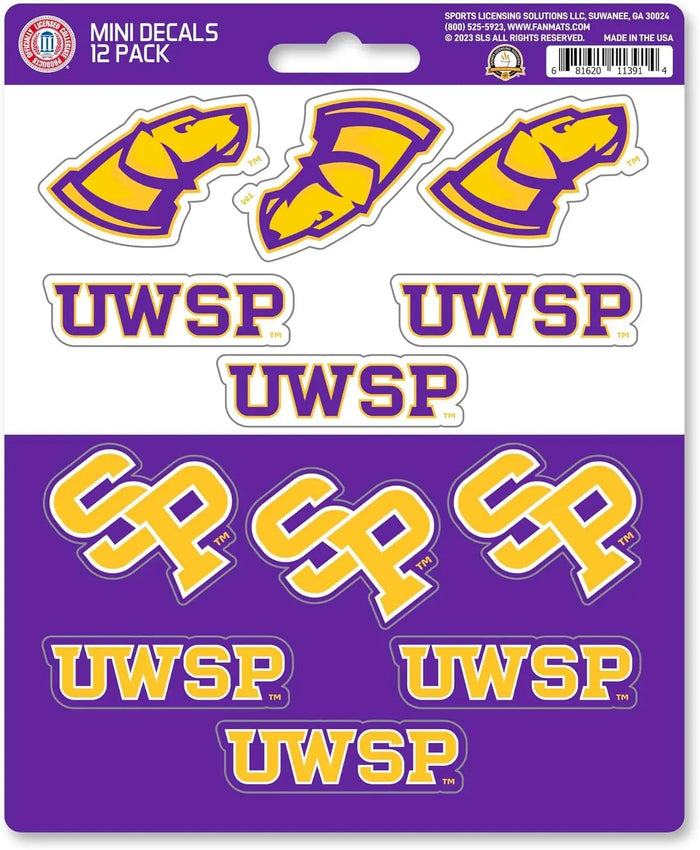 University of Wisconsin Stevens Point Pointers 12-Piece Mini Decal Sticker Set, 5x6 Inch Sheet, Gift for football fans for any hard surfaces around home, automotive, personal items by Fielders Choice