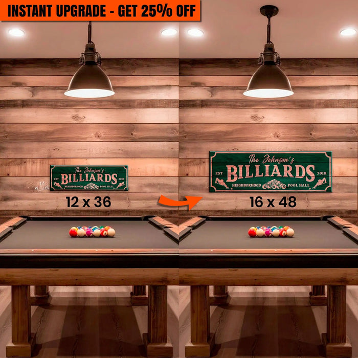 Upgrade Your 12x36 Inches 'Neighborhood Pool Hall Billiards Sign' Canvas To 16x48 Inches by Tailored Canvases