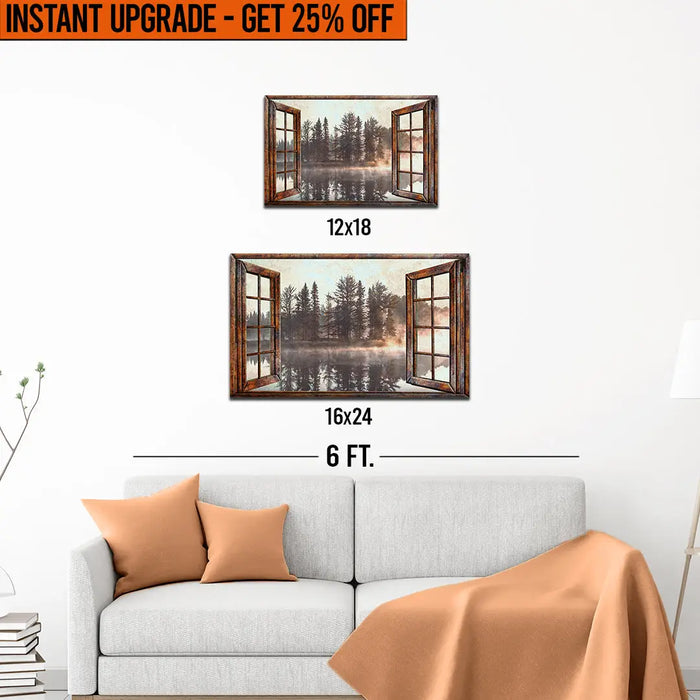 Upgrade Your 18x12 Inches 'Foggy Autumn Lake View By The Window' Canvas To 24x16 Inches by Tailored Canvases
