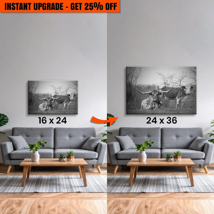 Upgrade Your 24x16 Inches 'Monochrome Texas Longhorn Cattle' Canvas To 36x24 Inches by Tailored Canvases