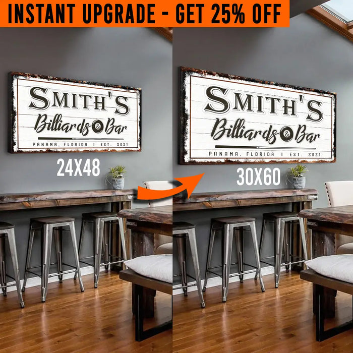 Upgrade Your 48x24 Inches 'Billiards And Bar' (Style 2) Canvas To 60x30 Inches by Tailored Canvases