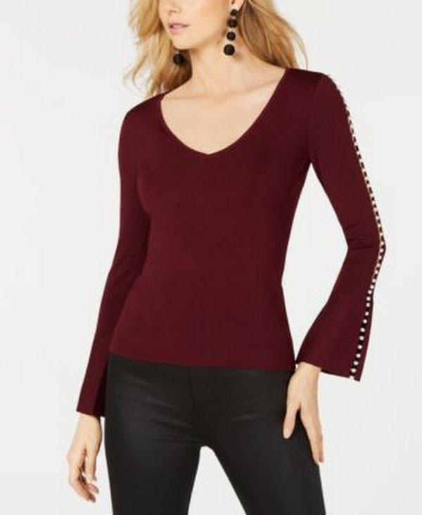 I-N-C Maroon Red Plus Pearl-Trim Bell Sleeve Sweater, Size OX by Vanessa Jane