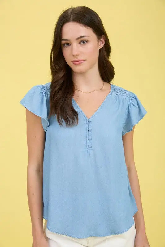 V Neck Half Button Ruffle Sleeve Chambray Top by Boutique 23