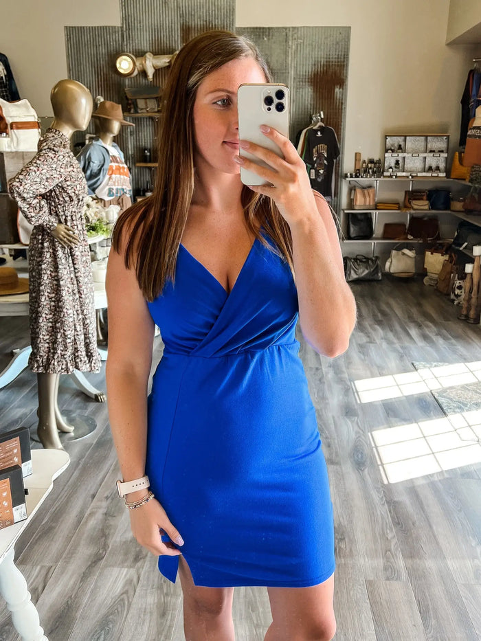 V Neck Spaghetti Strap Solid Mini Dress - Blue by Boutique 23