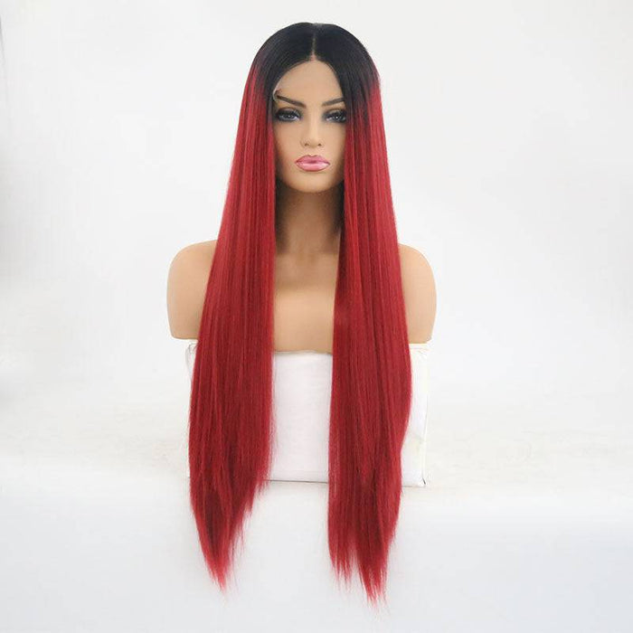 VIP Black Root to Red Straight Synthetic Lace Front Wig 24" 1BT130M (84)