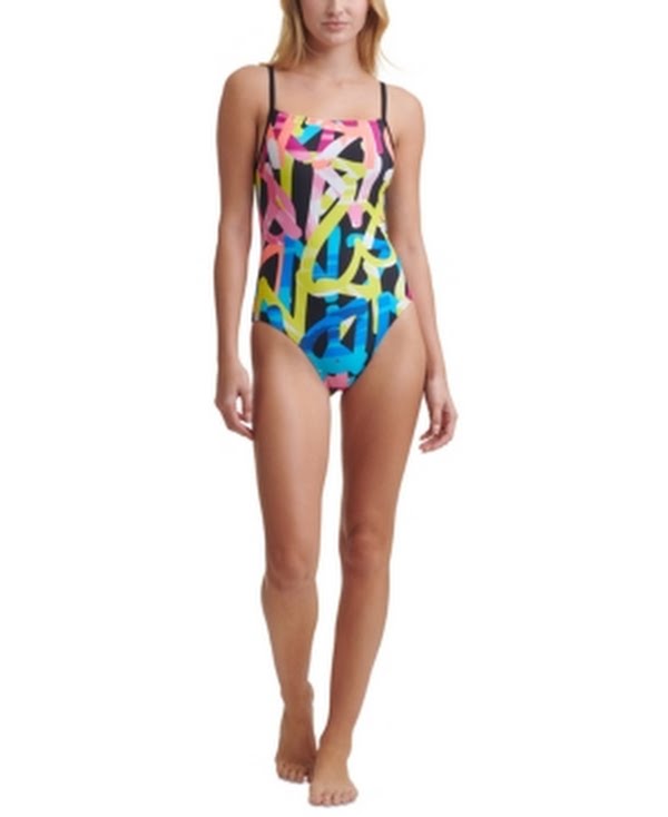DKNY Grafitti Logo Printed One Piece Swimsuit, Us X-Small by Vanessa Jane