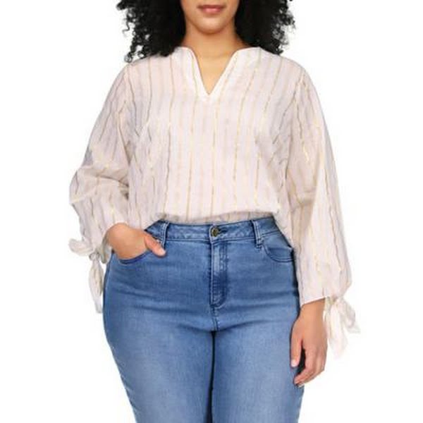 Michael Michael Kors White/Gold Plus Size Metallic Stripe Tie Sleeve Top, 0X by Vanessa Jane