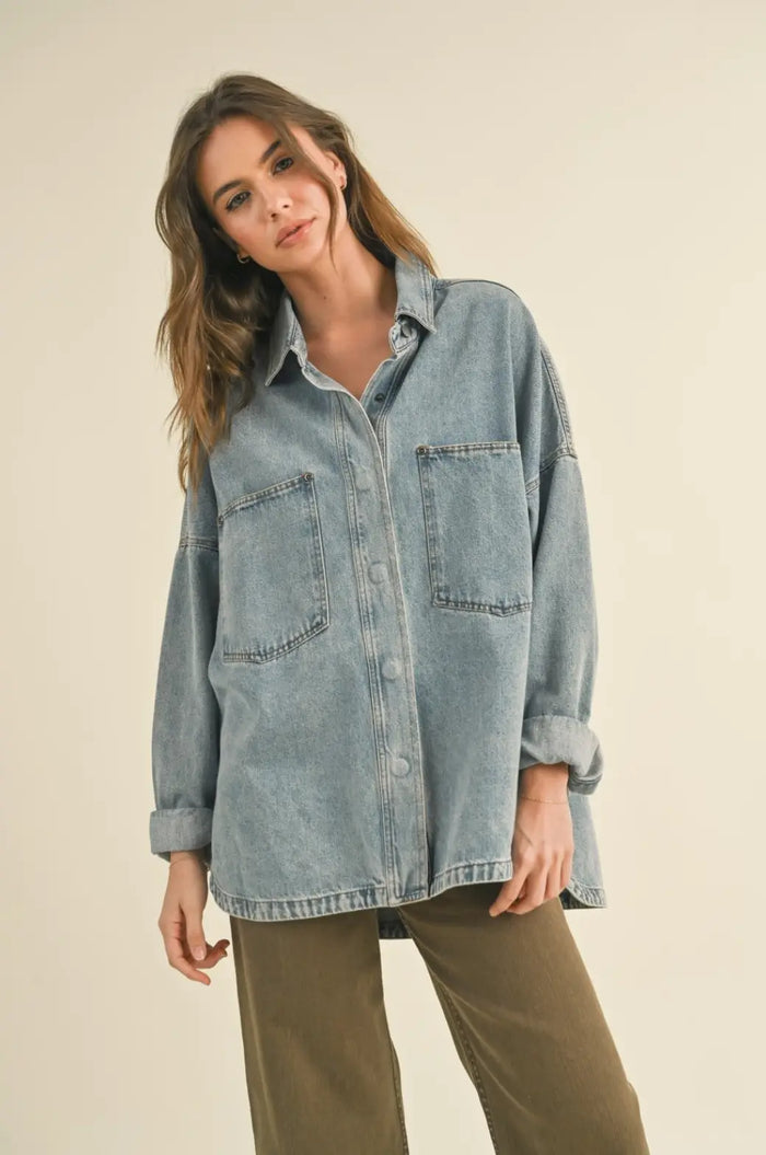 Washed Snap Button Denim Shacket by Boutique 23