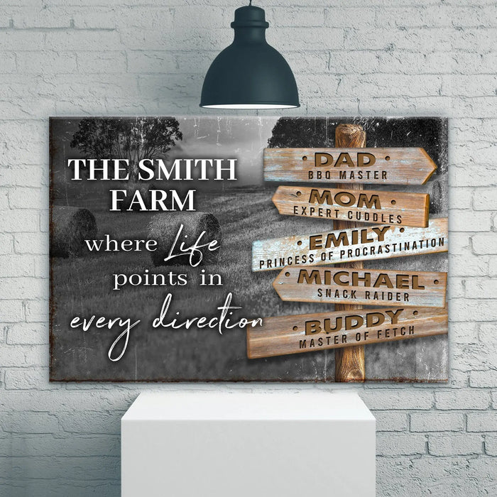 Where Life Points In Every Direction Family Farm Names Sign by Tailored Canvases