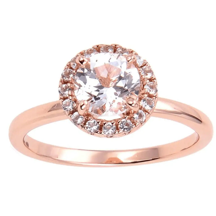 White Topaz Halo Engagement Ring in Rose Gold by Fine Color Jewels