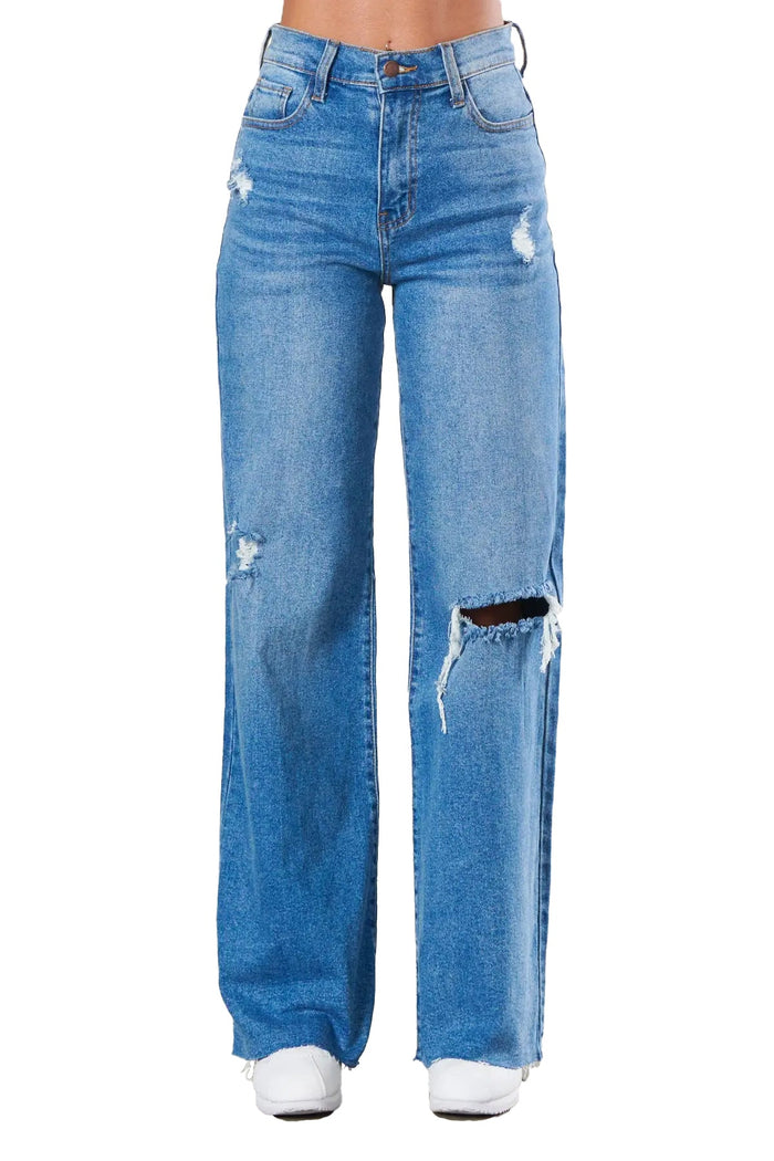 Wide Leg Cut Knee Jeans by The House of Stylez