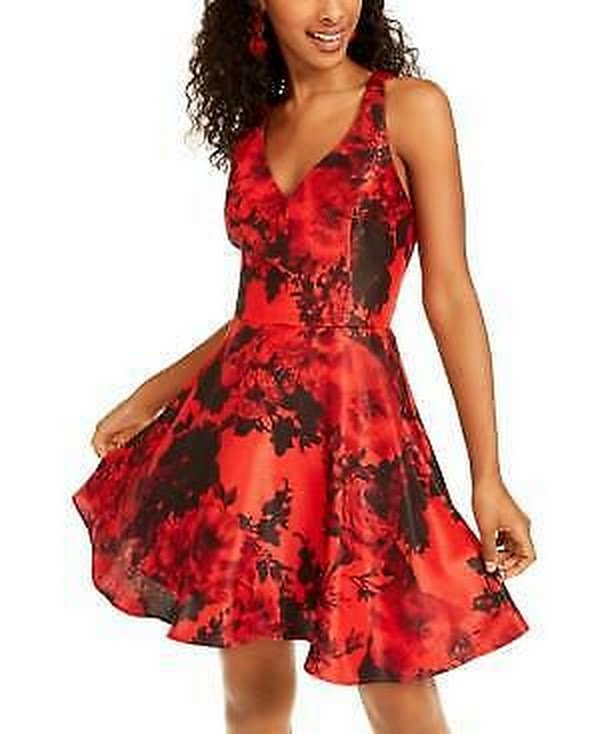 City Studio Dress Red Junior a-Line Satin Floral, Size 1 by Vanessa Jane