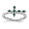 0.01 Ct Round Green Lab Created Emerald Prong Silver Stackable Cross Ring