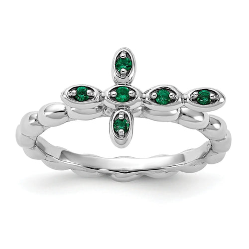0.01 Ct Round Green Lab Created Emerald Prong Silver Stackable Cross Ring by Fine Color Jewels