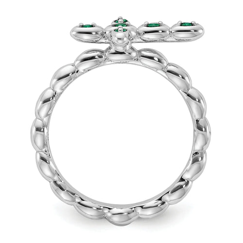 0.01 Ct Round Green Lab Created Emerald Prong Silver Stackable Cross Ring by Fine Color Jewels