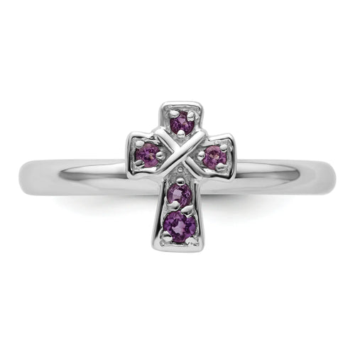 0.018 Ct Round Purple Amethyst Prong Silver Stackable Cross Ring by Fine Color Jewels
