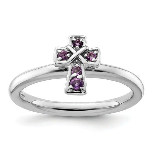 0.018 Ct Round Purple Amethyst Prong Silver Stackable Cross Ring by Fine Color Jewels