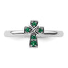 0.04 Ct Round Green Lab Created Emerald Prong Silver Stackable Cross Ring