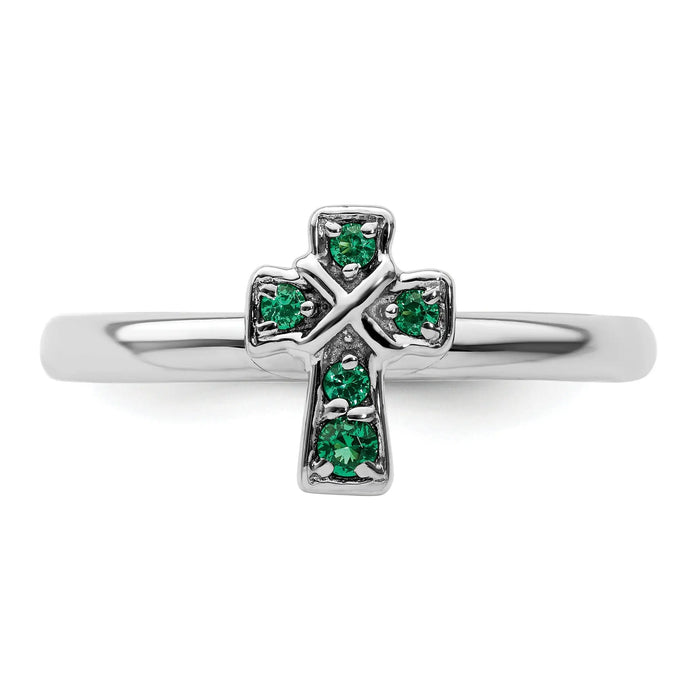 0.04 Ct Round Green Lab Created Emerald Prong Silver Stackable Cross Ring by Fine Color Jewels