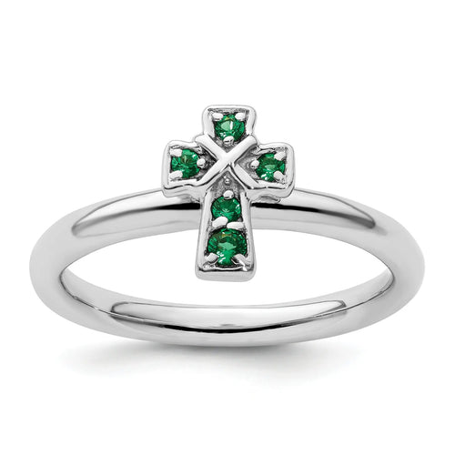 0.04 Ct Round Green Lab Created Emerald Prong Silver Stackable Cross Ring by Fine Color Jewels
