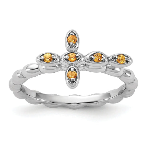 0.08 Ct Round Yellow Citrine Prong Silver Stackable Cross Ring by Fine Color Jewels