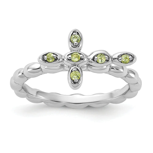 0.09 Ct Round Green Peridot Prong Silver Stackable Cross Ring by Fine Color Jewels