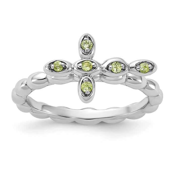 0.09 Ct Round Green Peridot Prong Silver Stackable Cross Ring by Fine Color Jewels