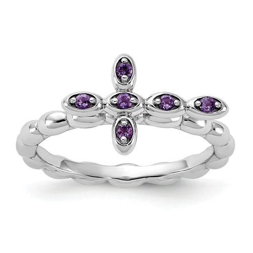 0.10 Ct Round Purple Amethyst Prong Silver Stackable Cross Ring by Fine Color Jewels
