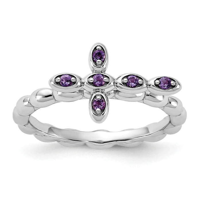 0.10 Ct Round Purple Amethyst Prong Silver Stackable Cross Ring by Fine Color Jewels