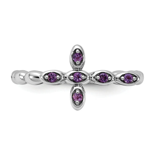0.10 Ct Round Purple Amethyst Prong Silver Stackable Cross Ring by Fine Color Jewels