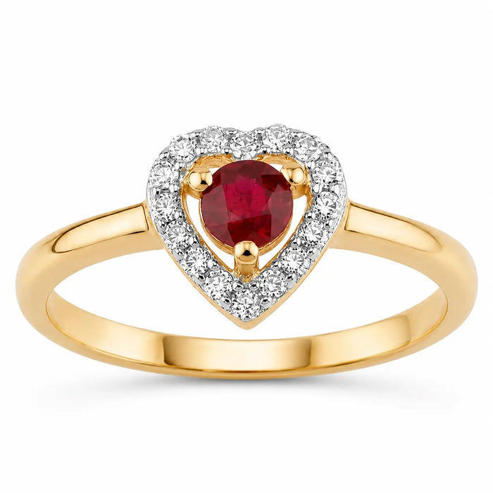 0.13 Ct Round Pink Ruby & Diamond Prong 14K Yellow Gold Halo Heart Ring by Fine Color Jewels