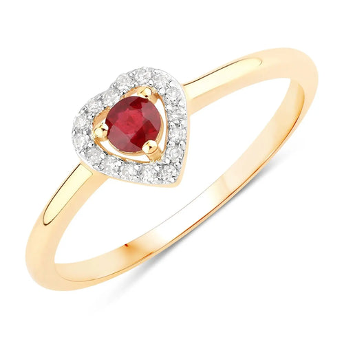 0.13 Ct Round Pink Ruby & Diamond Prong 14K Yellow Gold Halo Heart Ring by Fine Color Jewels