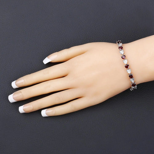 0.14 Ct Heart Red Garnet & Diamond Prong Silver Box Clasp Tennis Bracelet by Fine Color Jewels
