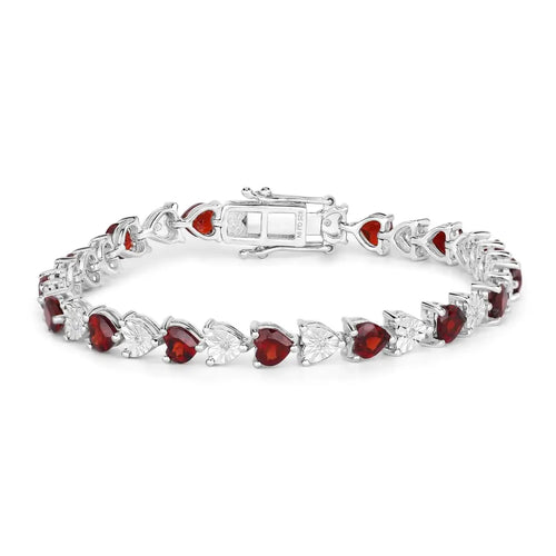 0.14 Ct Heart Red Garnet & Diamond Prong Silver Box Clasp Tennis Bracelet by Fine Color Jewels