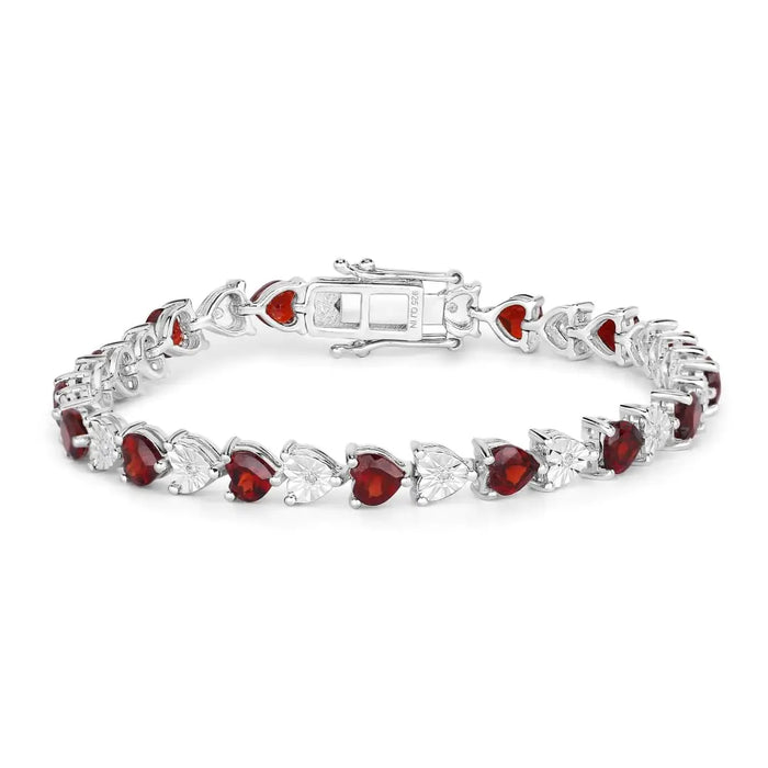 0.14 Ct Heart Red Garnet & Diamond Prong Silver Box Clasp Tennis Bracelet by Fine Color Jewels