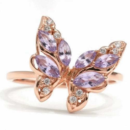 0.14 Ct Marquise Purple Amethyst and White Topaz Prong Silver Butterfly Ring by Fine Color Jewels