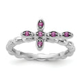 0.14 Ct Round Created Red Ruby Silver Stackable Bezel Cross Ring by Fine Color Jewels