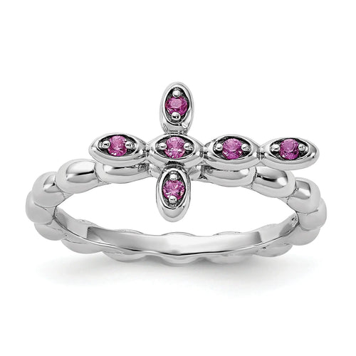 0.14 Ct Round Created Red Ruby Silver Stackable Bezel Cross Ring by Fine Color Jewels