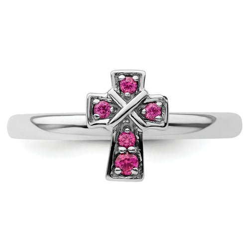 0.14 Ct Round Lab Created Red Ruby Silver Stackable Cross Bezel Ring by Fine Color Jewels