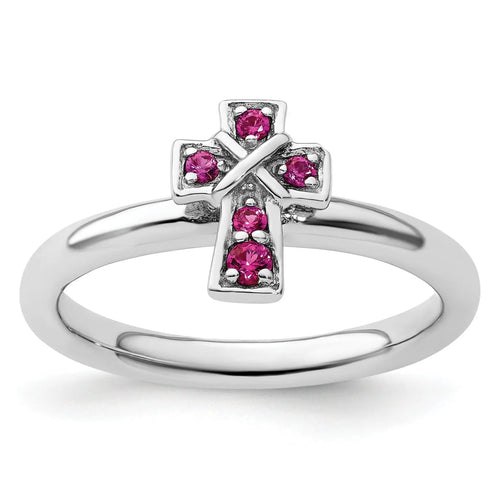 0.14 Ct Round Lab Created Red Ruby Silver Stackable Cross Bezel Ring by Fine Color Jewels