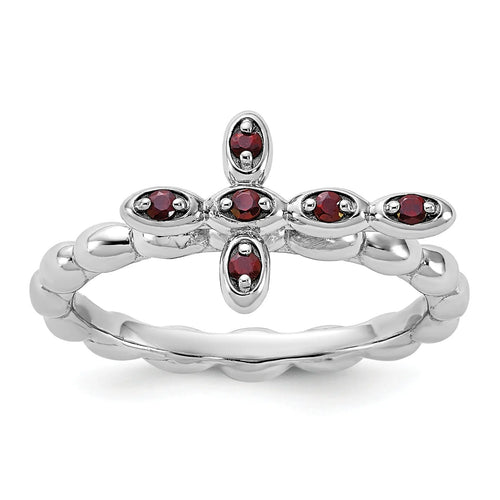 0.14 Ct Round Red Garnet Prong Silver Stackable Cross Ring by Fine Color Jewels