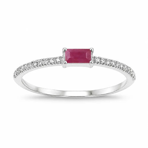 0.16 Ct Baguette Pink Ruby & Diamond Prong 14K White Gold Stackable Pave Ring by Fine Color Jewels