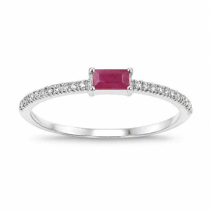 0.16 Ct Baguette Pink Ruby & Diamond Prong 14K White Gold Stackable Pave Ring by Fine Color Jewels