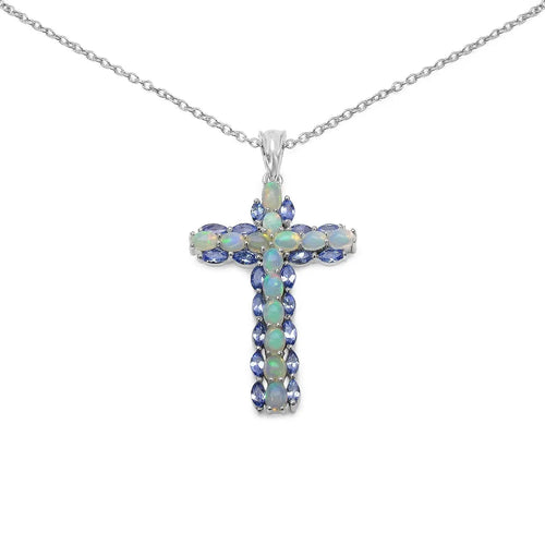 0.16 Ct Oval White Ethiopian Opal Prong Rhodium Plated Silver Cross Necklace by Fine Color Jewels