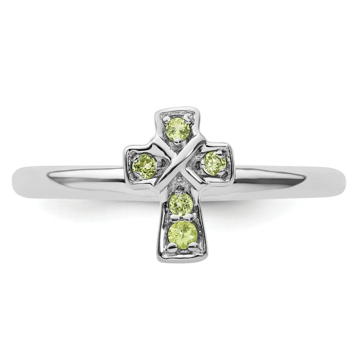 0.16 Ct Round Green Peridot Prong Silver Stackable Cross Ring by Fine Color Jewels
