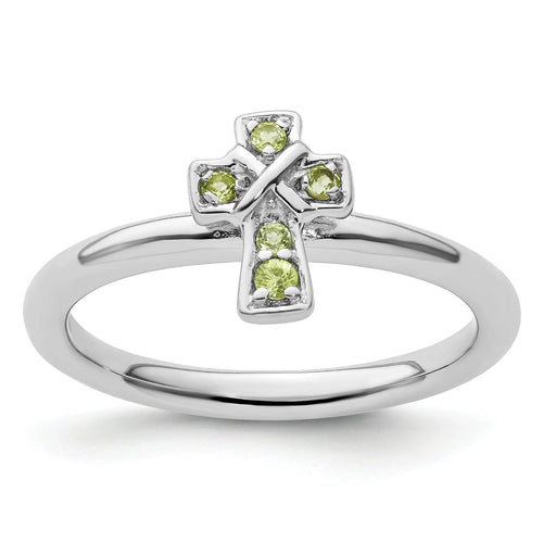 0.16 Ct Round Green Peridot Prong Silver Stackable Cross Ring by Fine Color Jewels